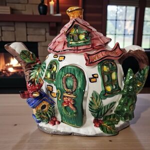 NEW Vintage K-Mart Xmas Dazzle Ceramic Teapot Santa House Tea Light Candleholder
